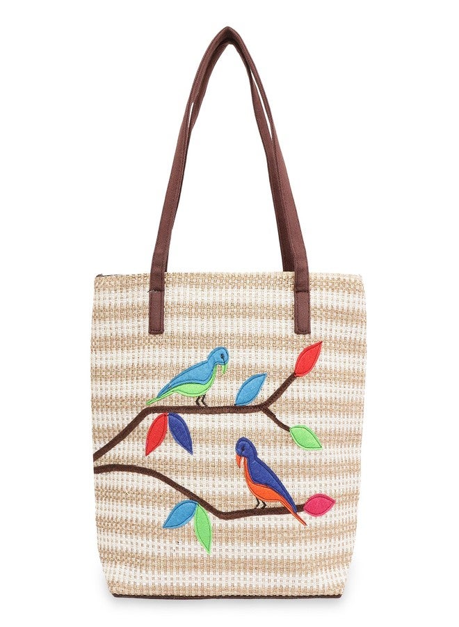 CULT FACTORY Stylish Hand Bag for Women Big Size Jute Hand Bag for Ladies College Tote Bag with Beautiful Birds Design - Image 1